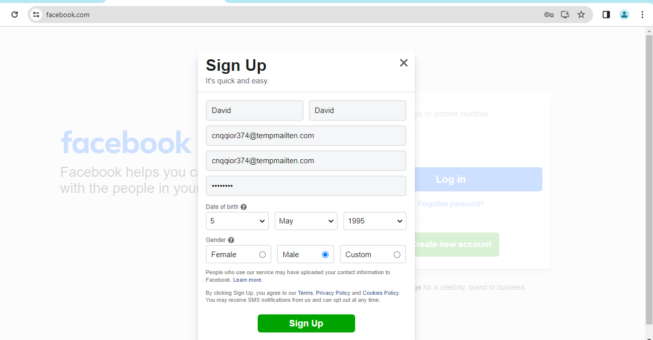 "screenshot of a facebook sign up page "