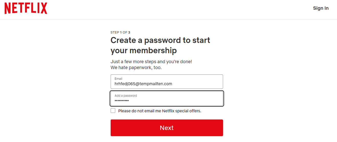 "Netflix sign up form"