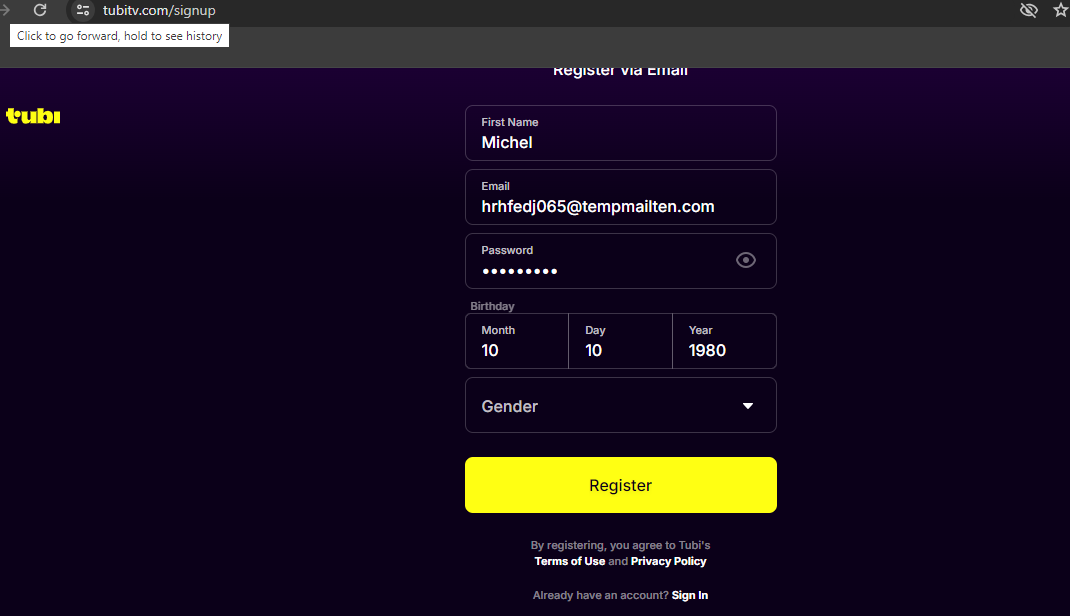 "Movies website register form"