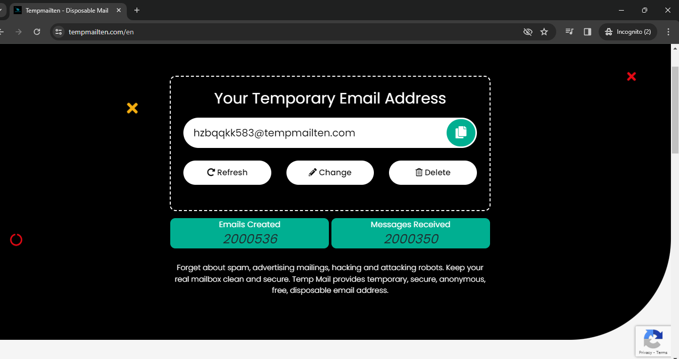 "A screenshot of temporary email website homepage"
