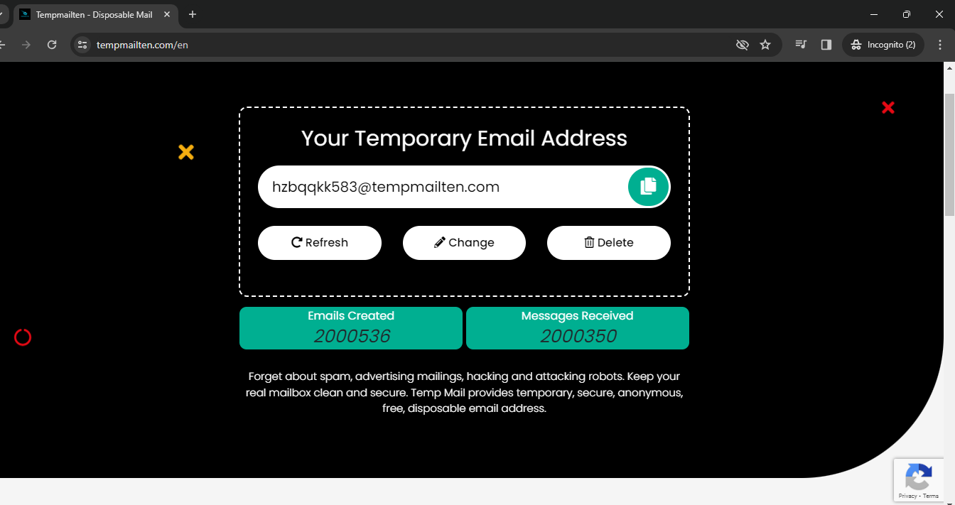 "tempmail ten website interface"