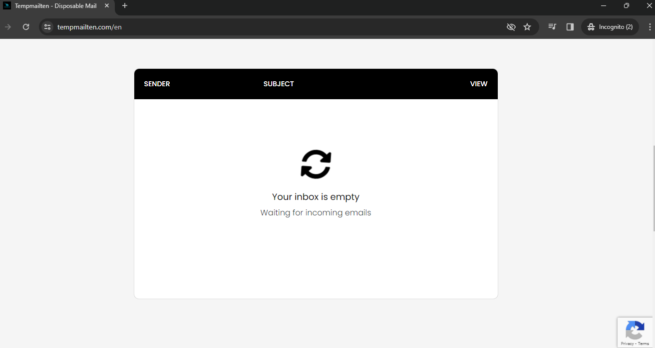 "A screenshot of temporary email website for user incoming inbox messages"
