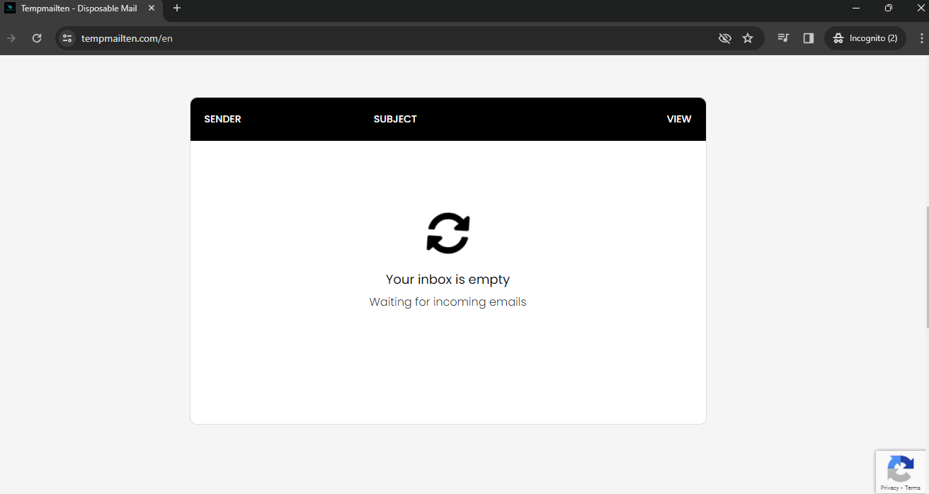 "temporary mail inbox screenshot"